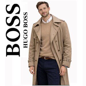Hugo Boss Maverick Trench Coat Khaki Belted Double Breasted Lined 54 XL